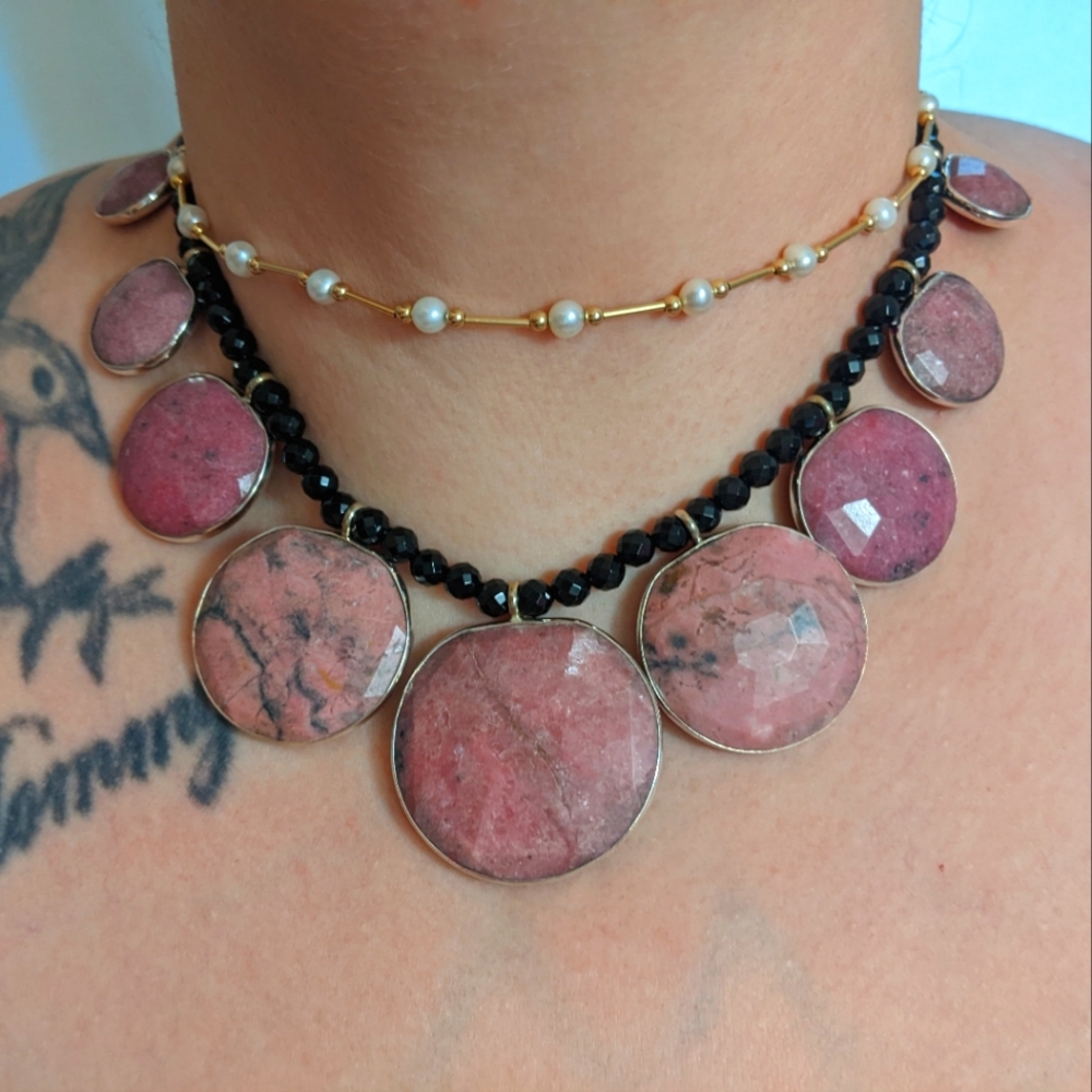 Ruby Rhodonite and Black Agate Gemstone Beaded Station Necklace Jay King
